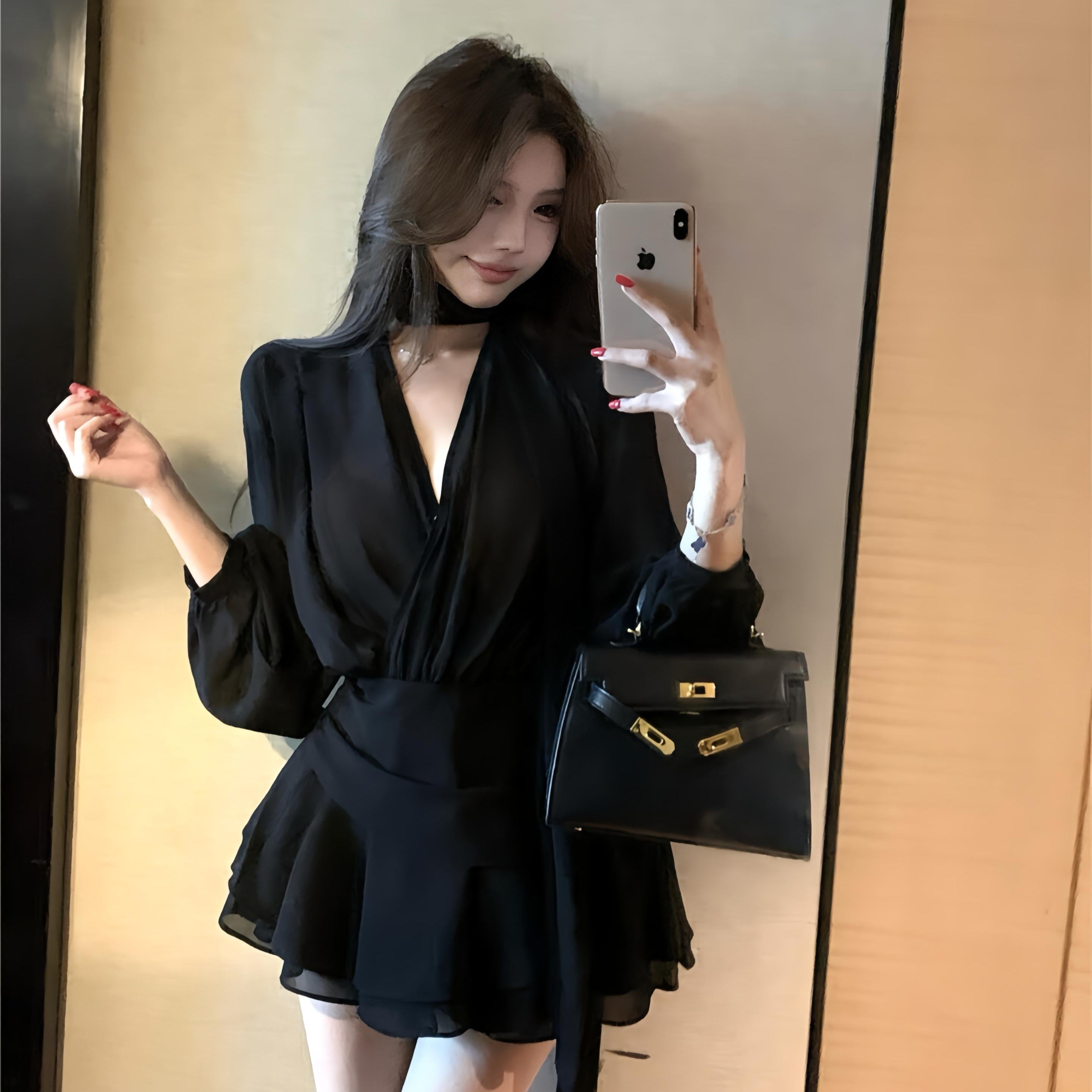 VネックフレンチシフォンワンピースAO1858 – SNACC