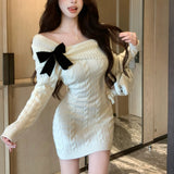 ブラックリボンケーブルニットワンピースAO1818