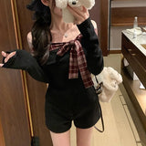 オフショルチェックリボンカットソー(2COLOR)AT1404