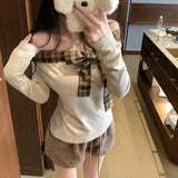 オフショルチェックリボンカットソー(2COLOR)AT1404