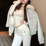 襟ファーツイードダウンジャケットAJ1190