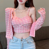 カーディガン付きチェックキャミトップス(2COLOR)AT1393