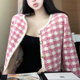 ピンクチェックノーカラージャケットAJ1180