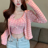 カーディガン付きチェックキャミトップス(2COLOR)AT1393