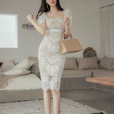 総レーススクエアネックドレス(2COLORS)AO1211