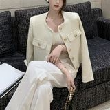 お上品ノーカラーツイードジャケットAJ1088