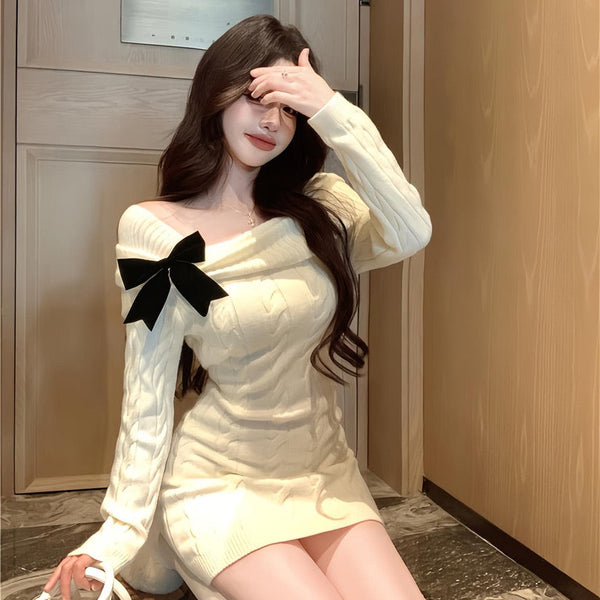 ブラックリボンケーブルニットワンピースAO1818