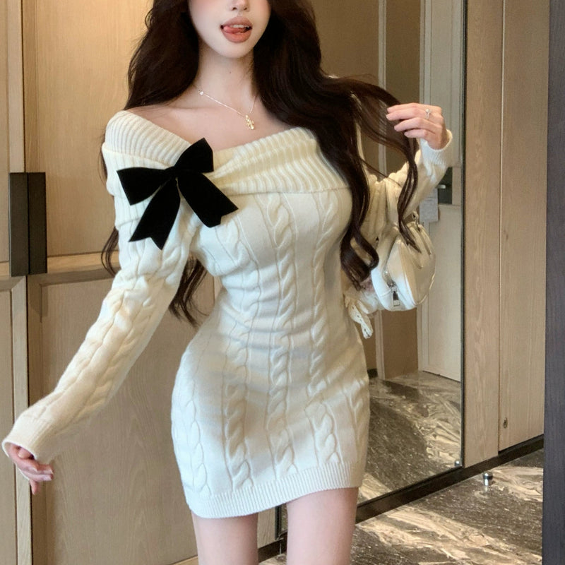 ブラックリボンケーブルニットワンピースAO1818 – SNACC