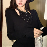 ビジュー付きホルターネックニット（2COLOR）AT1403