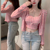 カーディガン付きチェックキャミトップス（2COLOR）AT1393