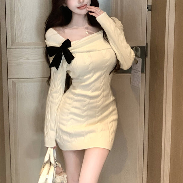 ブラックリボンケーブルニットワンピースAO1818