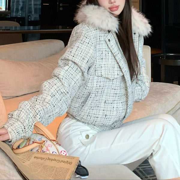 襟ファーツイードダウンジャケットAJ1190