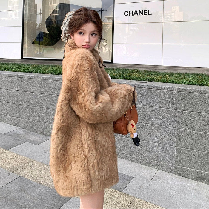 J.MARINE アンゴラ混　ファーコート　ヌートリア使用 ボンボン ブロックフェイクファーリボン付ショートコート - ジャケット/アウター